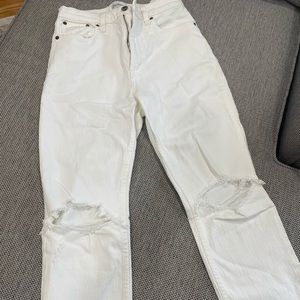 Distressed white straight cut denim jeans